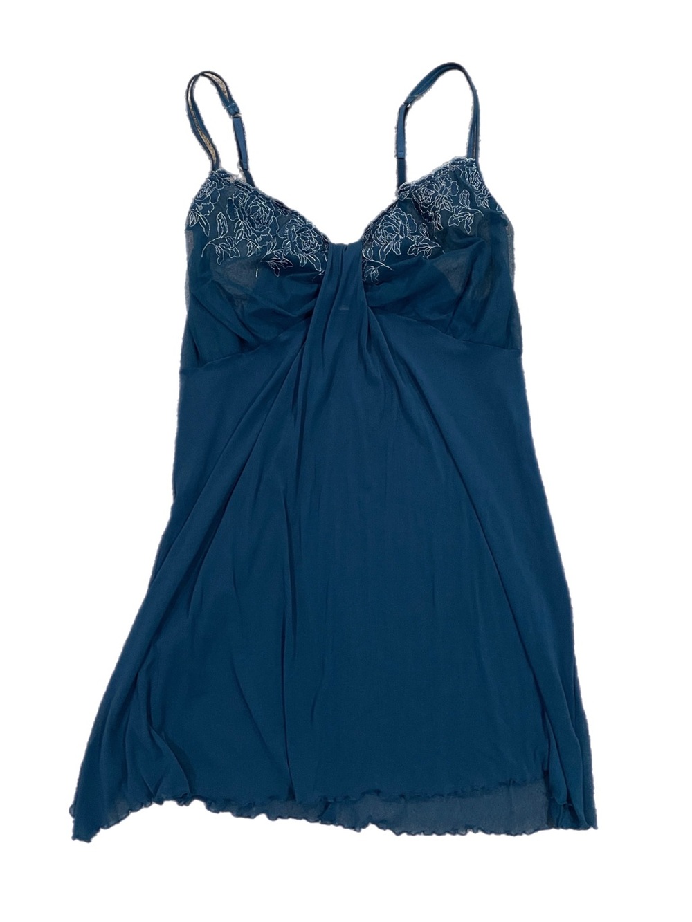VTG Cacique Babydoll Chemise Teal Blue Embroidered Coquette Lingerie Slip 26/28